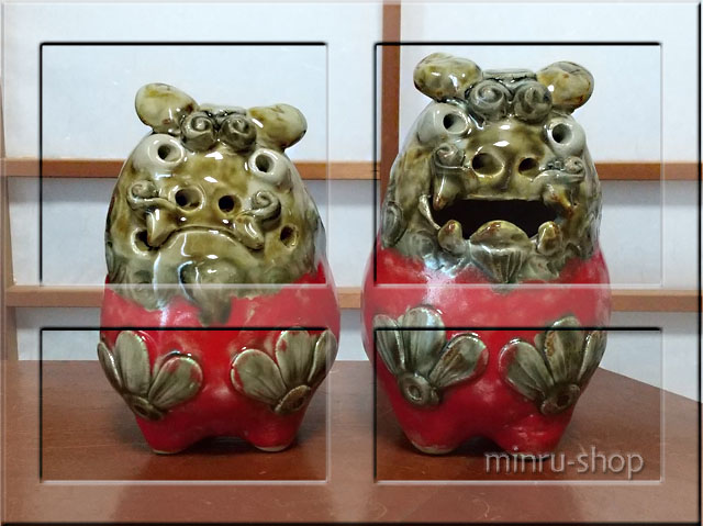 福を呼び込みそうな赤釉のシーサー